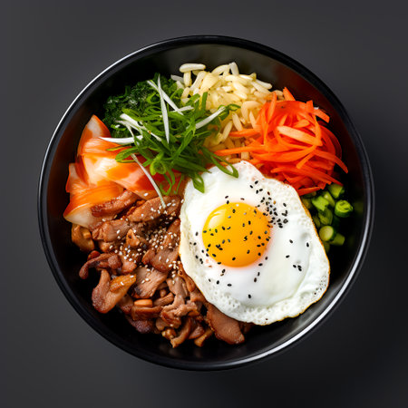 Bibimbap on black bowl isolated on dark backgroundの素材