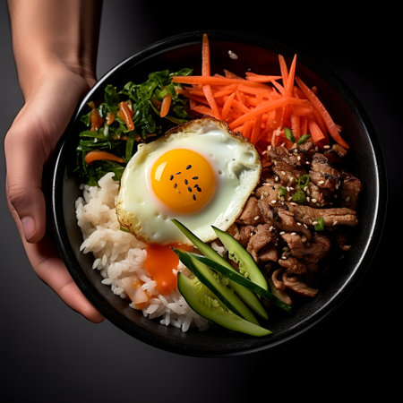 Bibimbap on black bowl isolated on dark backgroundの素材