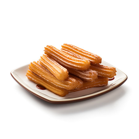 Churros on plate isolated on white backgroundの素材