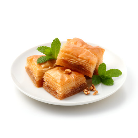 Baklava on plate isolated on white backgroundの素材