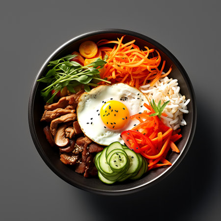 Bibimbap on black bowl isolated on dark backgroundの素材
