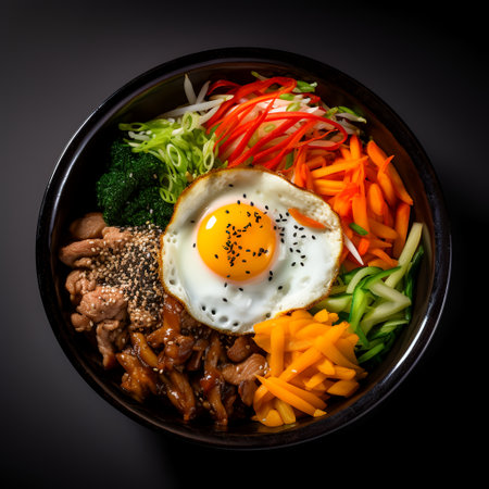 Bibimbap on black bowl isolated on dark backgroundの素材