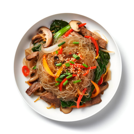 Japchae on plate isolated on white backgroundの素材