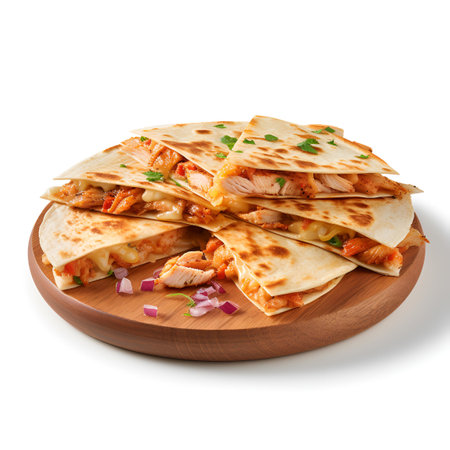 Chicken Quesadilla on wooden board isolated on white backgroundの素材