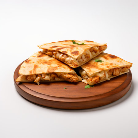 Chicken Quesadilla on wooden board isolated on white backgroundの素材