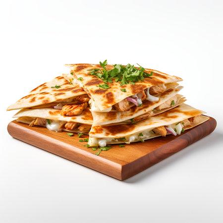 Chicken Quesadilla on wooden board isolated on white backgroundの素材