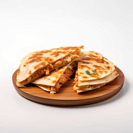 Chicken Quesadilla on wooden board isolated on white backgroundの素材