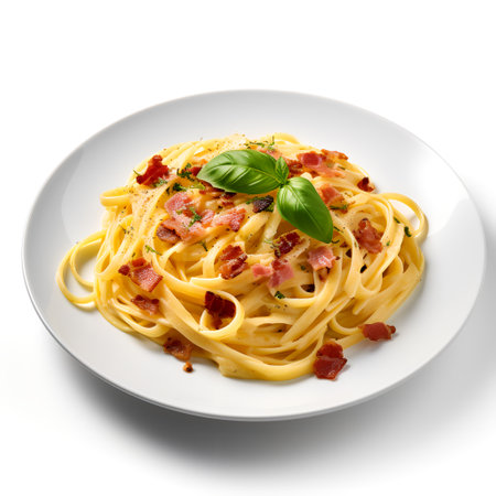 Fettuccine Carbonara on plate  isolated on white backgroundの素材