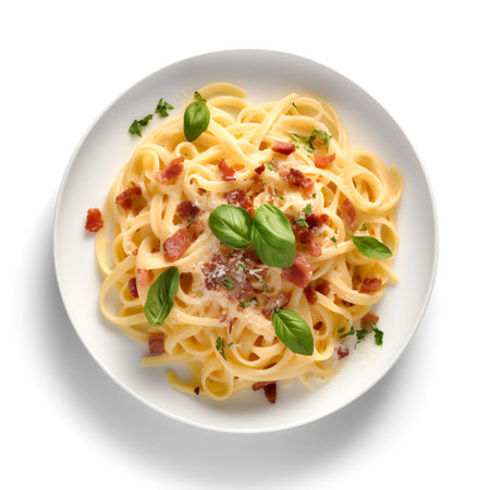 Fettuccine Carbonara on plate  isolated on white backgroundの素材