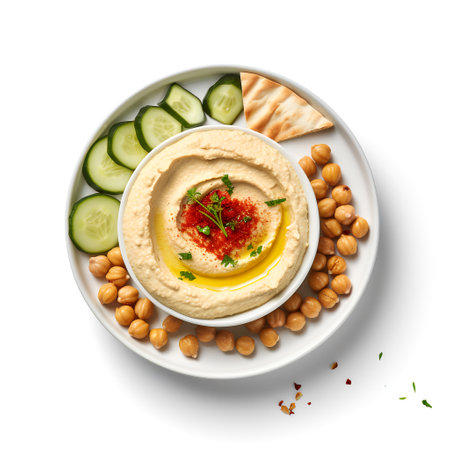 Hummus on plate isolated on white backgroundの素材