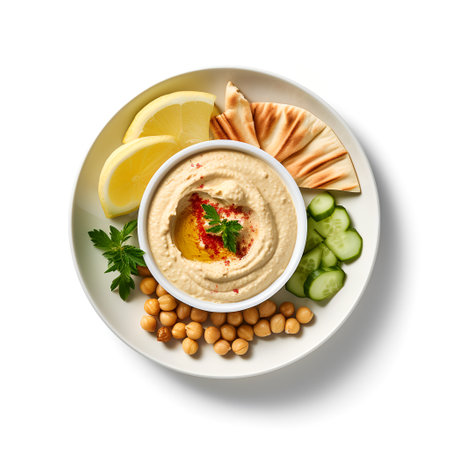 Hummus on plate isolated on white backgroundの素材