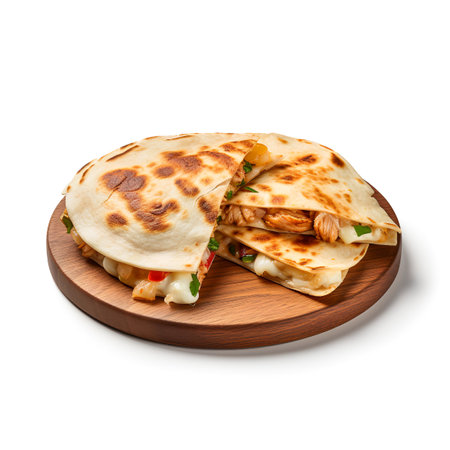 Chicken Quesadilla on wooden board isolated on white backgroundの素材