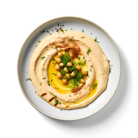 Hummus on plate isolated on white backgroundの素材