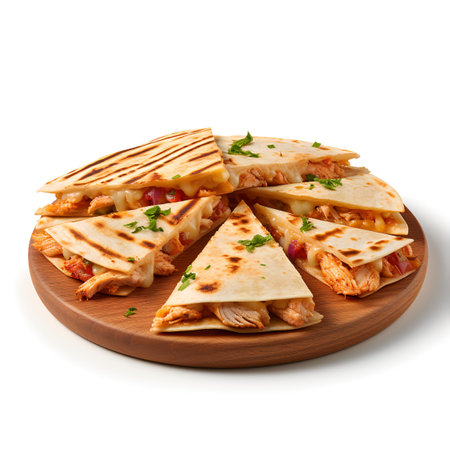 Chicken Quesadilla on wooden board isolated on white backgroundの素材