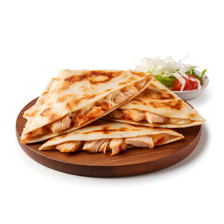 Chicken Quesadilla on wooden board isolated on white backgroundの素材