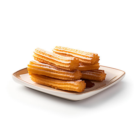 Churros on plate isolated on white backgroundの素材