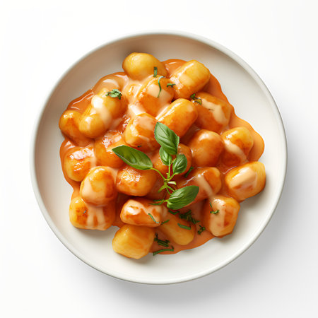 Gnocchi with sauce on plate isolated on white backgroundの素材