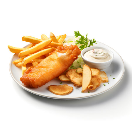 Fish and Chips on plate  isolated on white backgroundの素材