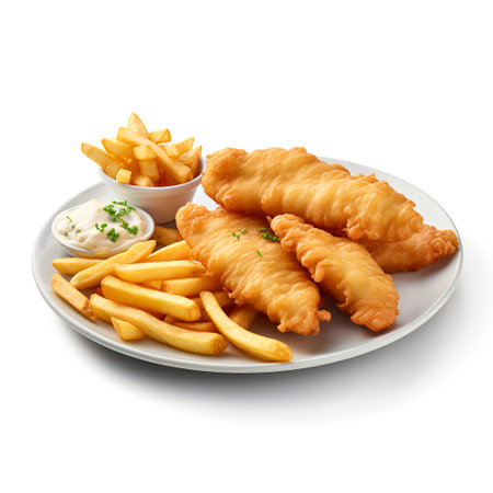 Fish and Chips on plate  isolated on white backgroundの素材