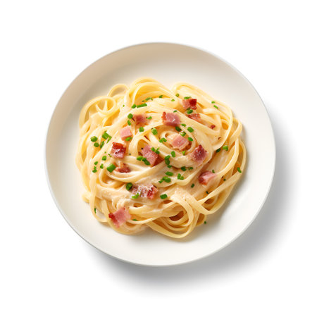 Fettuccine Carbonara on plate  isolated on white backgroundの素材