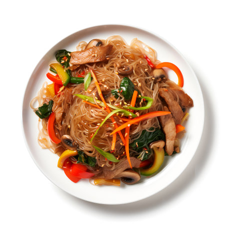 Japchae on plate isolated on white backgroundの素材