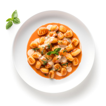 Gnocchi with sauce on plate isolated on white backgroundの素材