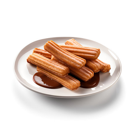 Churros on plate isolated on white backgroundの素材