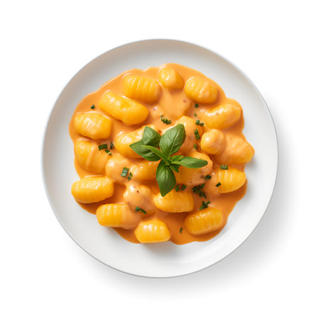 Gnocchi with sauce on plate isolated on white backgroundの素材