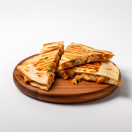 Chicken Quesadilla on wooden board isolated on white backgroundの素材