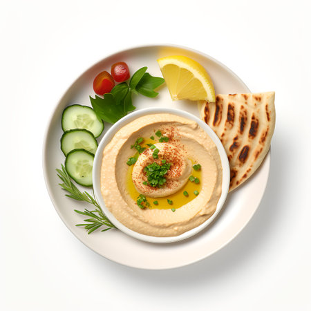 Hummus on plate isolated on white backgroundの素材