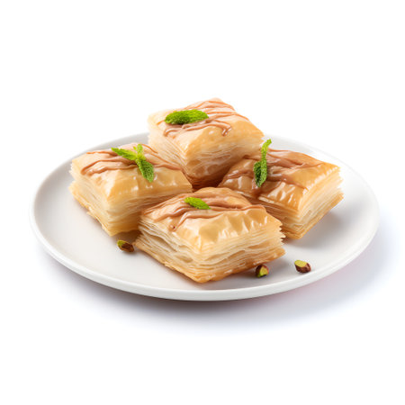 Baklava on plate isolated on white backgroundの素材