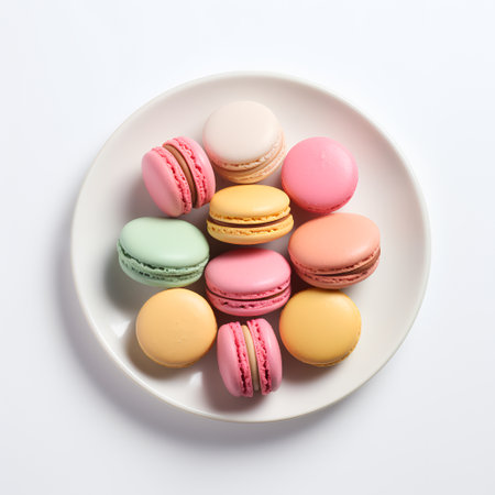 Macarons on plate isolated on white backgroundの素材