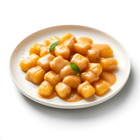Gnocchi with sauce on plate isolated on white backgroundの素材