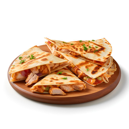 Chicken Quesadilla on wooden board isolated on white backgroundの素材
