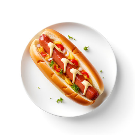 hot dog on plate isolated on white backgroundの素材