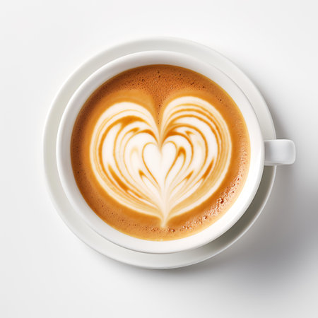A cup latte with love art isolated on white backgroundの素材