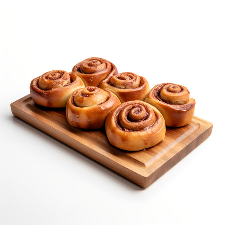 cinnamon rolls on wooden board isolated on white backgroundの素材