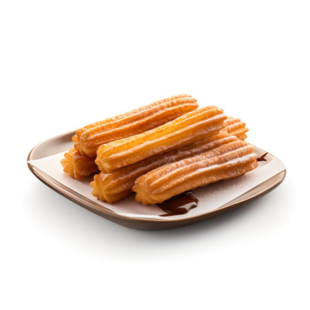 Churros on plate isolated on white backgroundの素材