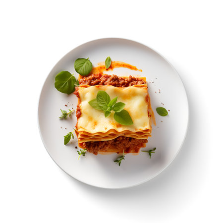 Lasagna on plate isolated on white backgroundの素材