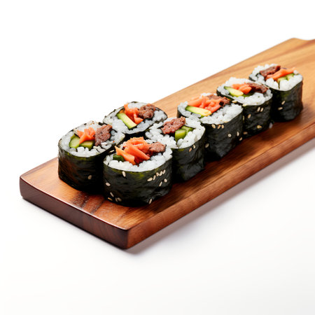 Kimbap on wooden board isolated on white backgroundの素材