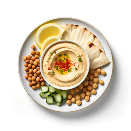 Hummus on plate isolated on white backgroundの素材