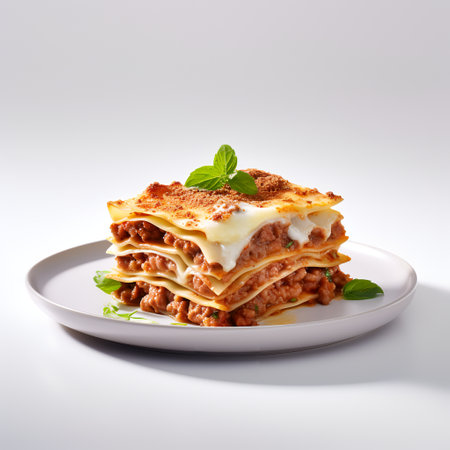 Lasagna on plate isolated on white backgroundの素材