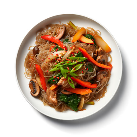 Japchae on plate isolated on white backgroundの素材