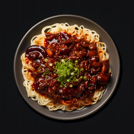 Jjajangmyeon on plate isolated on white backgroundの素材