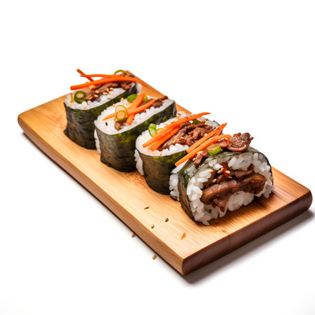 Kimbap on wooden board isolated on white backgroundの素材
