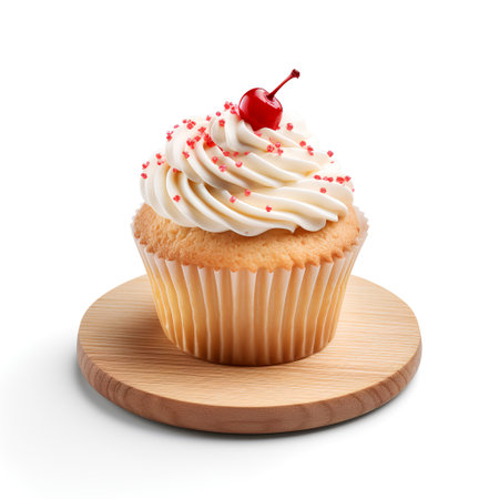 cup cake on wooden board isolated on white backgroundの素材