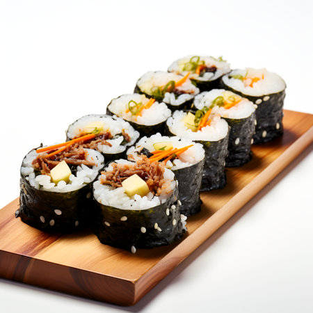 Kimbap on wooden board isolated on white backgroundの素材