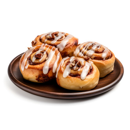 cinnamon rolls on wooden plate isolated on white backgroundの素材