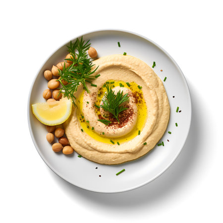 Hummus on plate isolated on white backgroundの素材