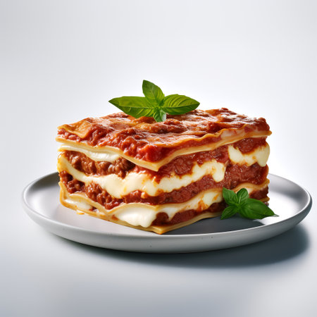 Lasagna on plate isolated on white backgroundの素材